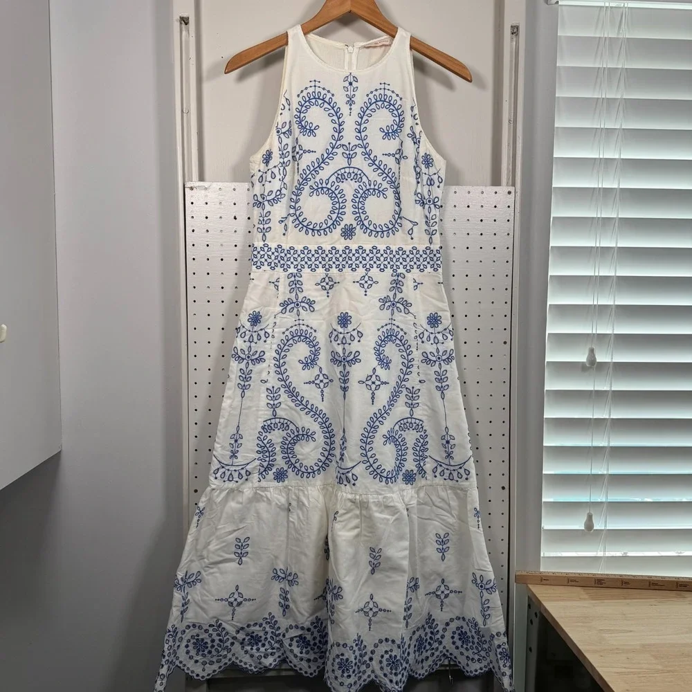 Tory Burch Floral Mariana Dress Womens Blue‎ White Embroidered Scallop Hem - 4